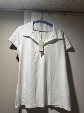 CALIA by Carrie Underwood White Ribbed Short-Sleeve Polo Top w/13% spandex